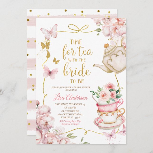 Pink Floral Butterflies Bridal Shower Tea Party  Invitation (Front/Back)