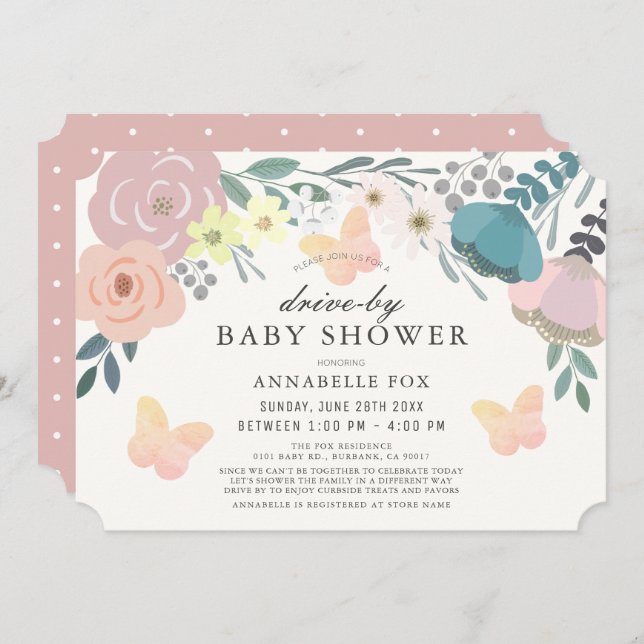 Pink Floral & Butterflies Drive-by Baby Shower Invitation (Front/Back)