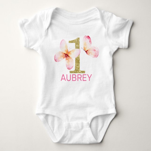 Pink Floral Butterflies Gold Glitter 1st Birthday  Baby Bodysuit (Front)