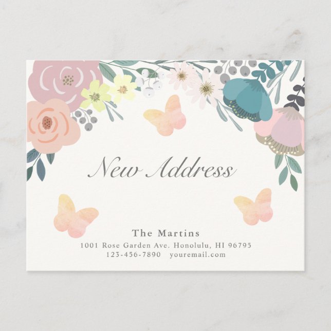 Pink Floral Butterflies Moving Announcement Postcard (Front)