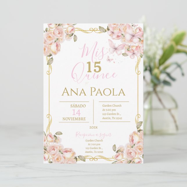 Pink Floral Butterflies Quinceañera Invitation (Standing Front)