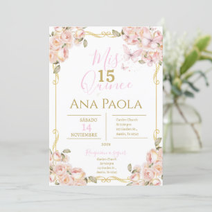 Pink Floral Butterflies Quinceañera Invitation