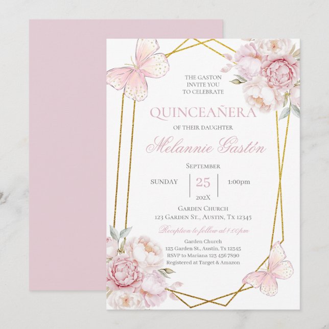 Pink Floral Butterflies Quinceañera Invitation (Front/Back)