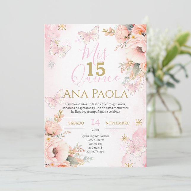 Pink Floral Butterflies Quinceañera Invitation (Standing Front)