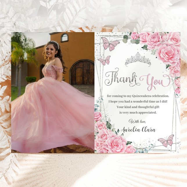 Pink Floral Butterflies Sweet 16 Quinceañera Photo Thank You Card (Creator Uploaded)