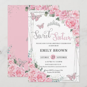 Pink Floral Butterflies Sweet Sixteen 16 Birthday Invitation