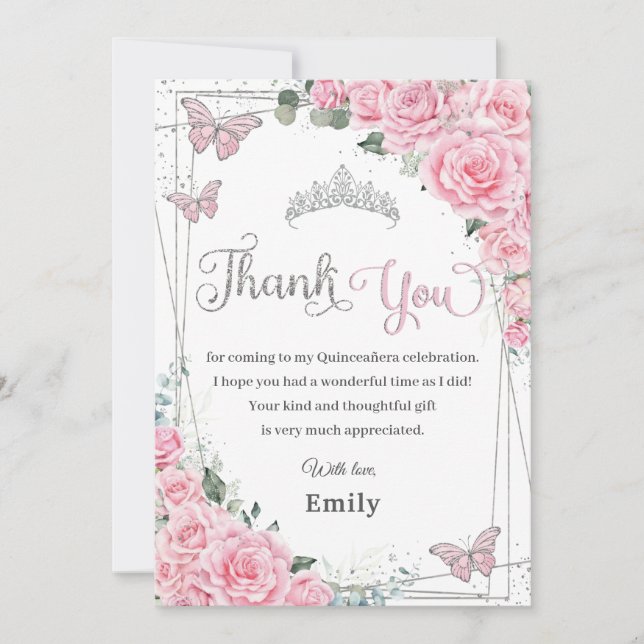 Pink Floral Butterflies Sweet Sixteen Quinceañera Thank You Card (Front)