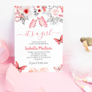 Pink Floral Butterfly Baby Girl Shower  Invitation