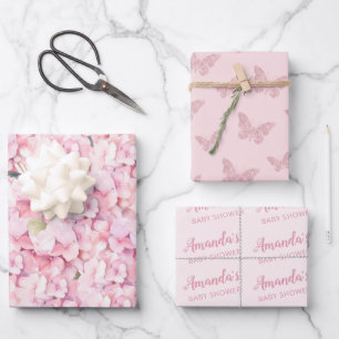 Pink Floral Butterfly Baby Shower Personalized  Wrapping Paper Sheet