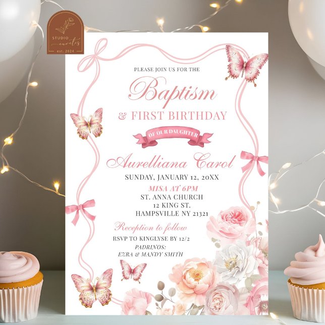 Pink Floral Butterfly Baptism & 1st Birthday Invitation (Creator Uploaded)