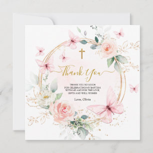 Pink Floral Butterfly Baptism Christening  Thank You Card