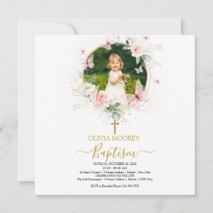 Pink Floral Butterfly Baptism Invitation