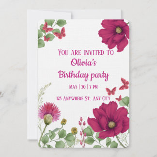 Pink Floral Butterfly Birthday Invitation
