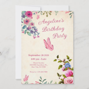 Pink floral butterfly birthday invitation