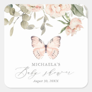 Pink Floral Butterfly Girl Baby Shower Square Sticker