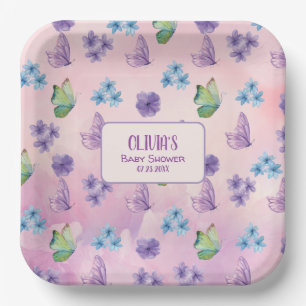 Pink Floral Butterfly Girl Baby Shower Welcome Paper Plate