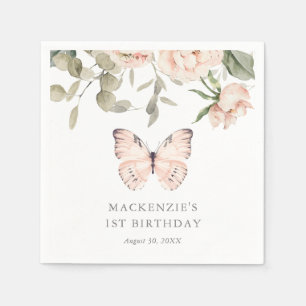 Pink Floral Butterfly Girl Birthday Party Napkin