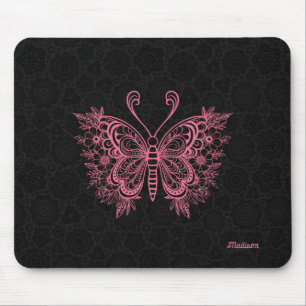 Pink floral butterfly on black mouse pad