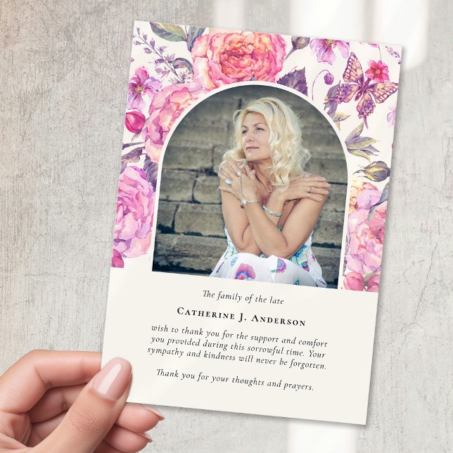 Pink Floral Butterfly Photo Sympathy Funeral Thank You Card (Creator Uploaded)