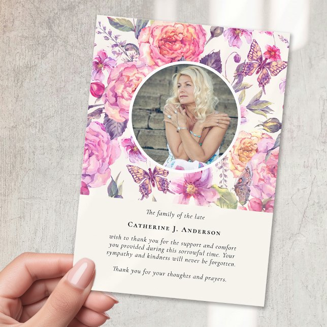 Pink Floral Butterfly Photo Sympathy Funeral Thank You Card (Creator Uploaded)