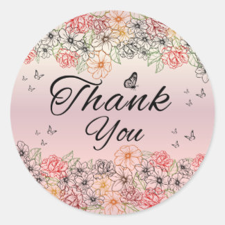 Pink Floral Butterfly Round Thank You Sticker