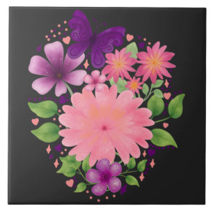 Pink Floral Butterfly Watercolor Design Ceramic Tile