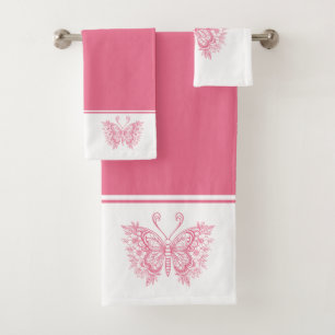Pink floral butterflys pink and white background bath towel set