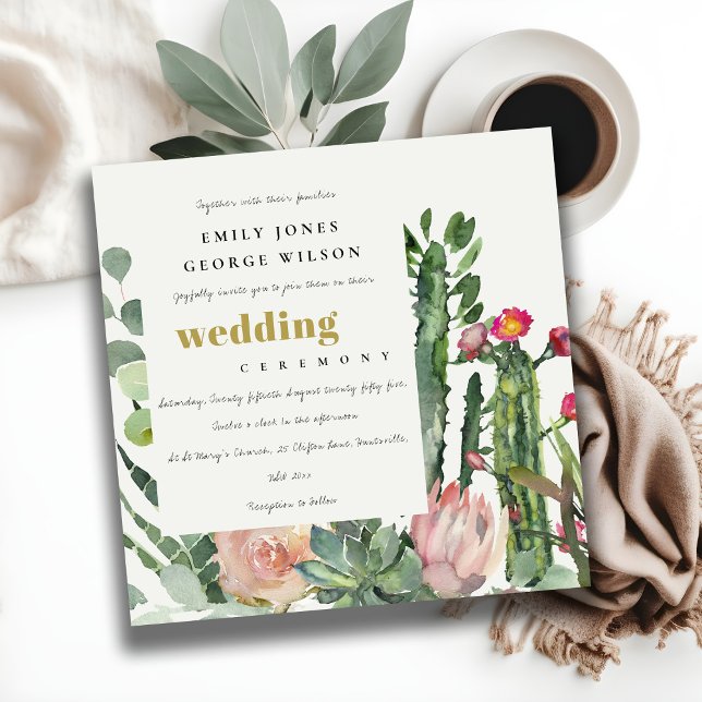 PINK FLORAL CACTI FOLIAGE WATERCOLOR WEDDING INVITATION (Creator Uploaded)