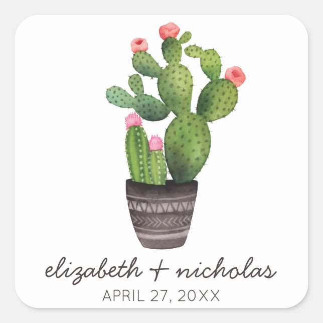Pink Floral Cactus Square Sticker (Front)
