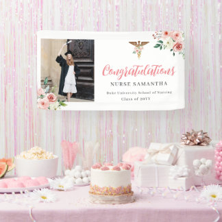 Pink Floral Caduseus Congratulations Nurse Photo Banner