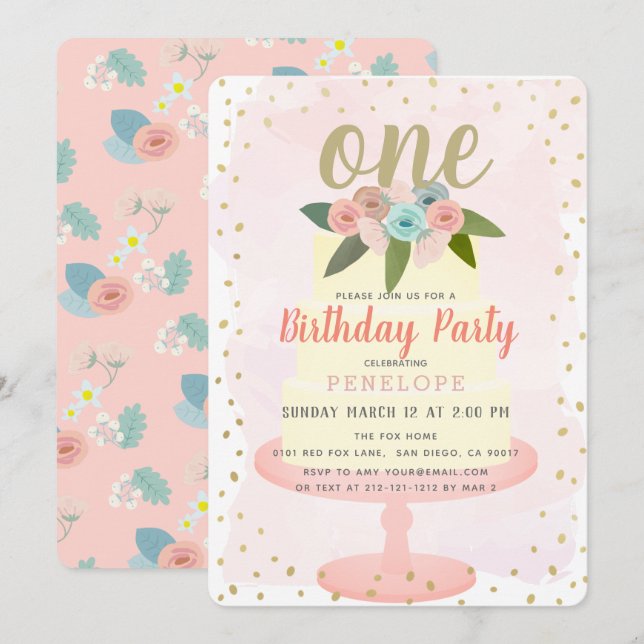 Pink Floral Cake Girl 1st Birthday Invitation (Front/Back)