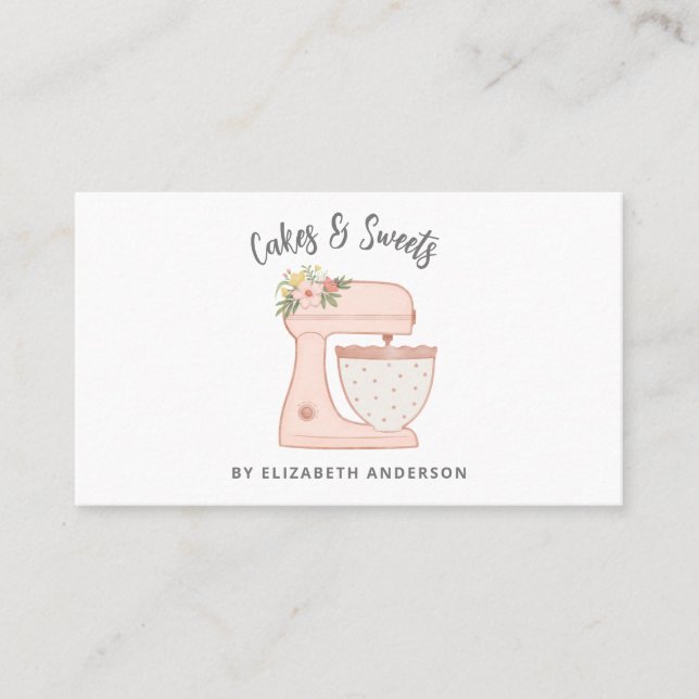 Pink Floral Cake Mixer Bakery Business Card (Front)