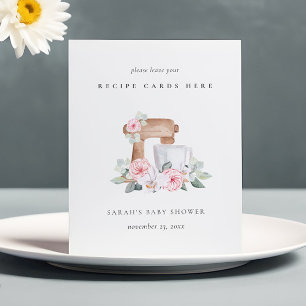 Pink Floral Cake Mixer Recipe Card Baby Shower Pedestal Sign