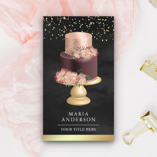 Pink Floral Cake Pastry Chef Black Gold Bakery Business Card