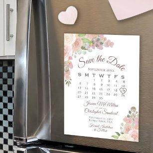 Pink Floral Calendar Wedding Save the Date Magnet
