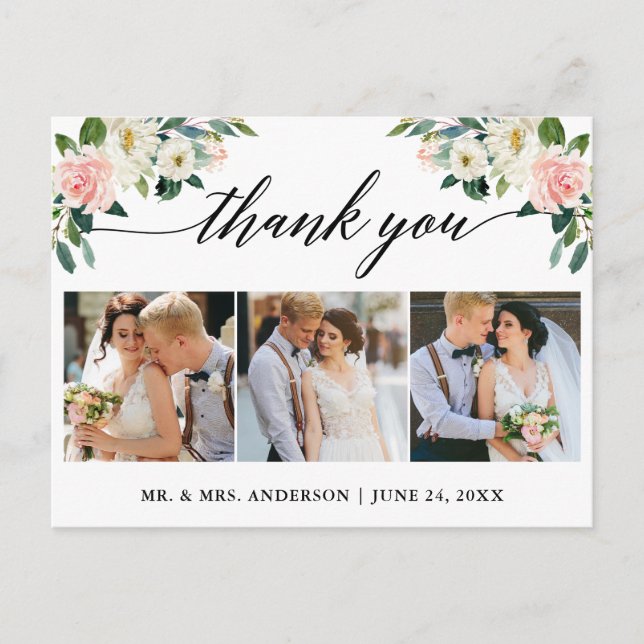 Pink Floral Calligraphy 3 Photo Wedding Thank You Postcard (Front)