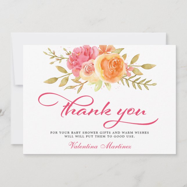 Pink Floral Calligraphy Baby Shower Thank You Card (Front)