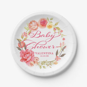 Pink Floral Calligraphy Girly Baby Shower Paper Plate