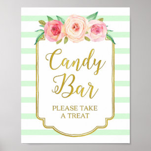 Pink Floral Candy Bar Sign Gold Mint Stripes