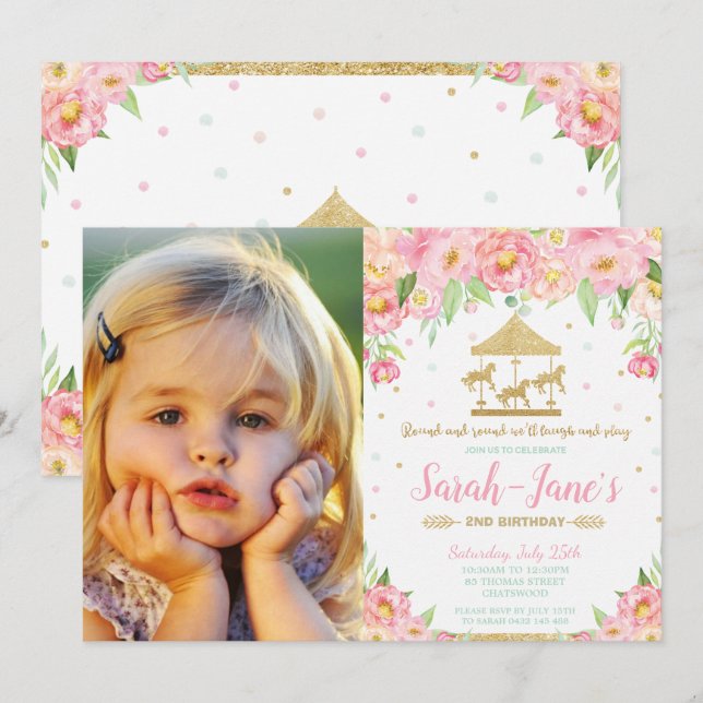 Pink Floral Carousel 1st Birthday Girl with Photo Invitation (Front/Back)