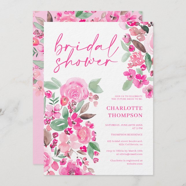 Pink floral casual script bridal shower invitation (Front/Back)