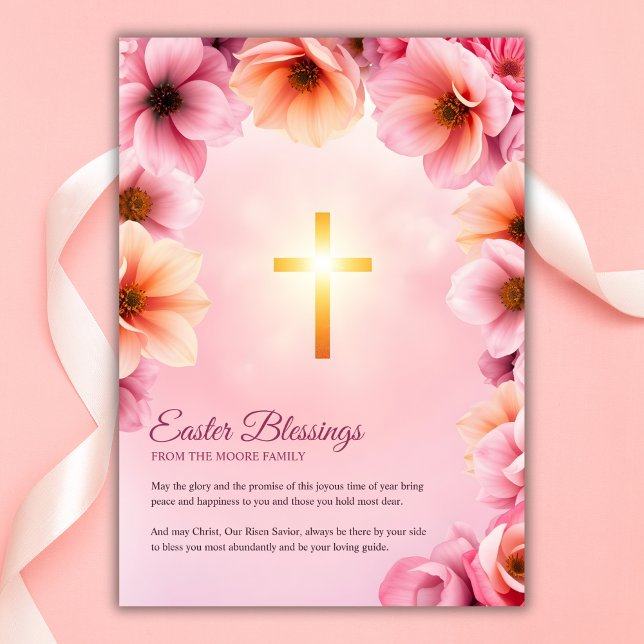 Pink Floral Catholic Cross Easter Blessings Holiday Card (Pink Floral Catholic Cross Easter Blessings Holiday Card)
