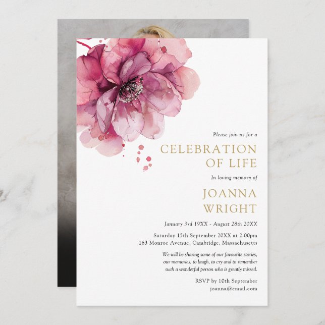 Pink Floral Celebration Of Life Funeral Photo Invitation (Front/Back)