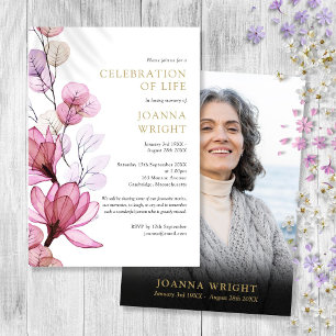 Pink Floral Celebration Of Life Funeral Photo Invitation