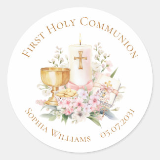 Pink Floral Chalice First Holy Communion Classic Round Sticker