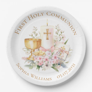 Pink Floral Chalice First Holy Communion  Paper Plate