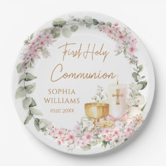 Pink Floral Chalice First Holy Communion Paper Plate