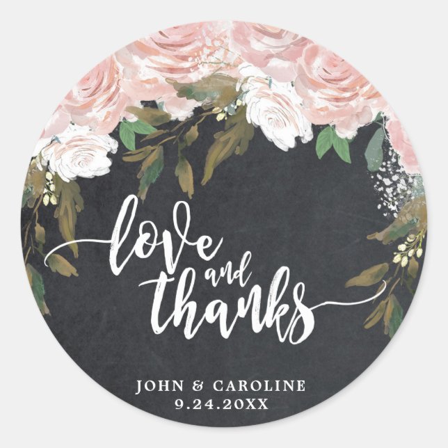 pink floral chalk love and thanks sticker wedding (Front)