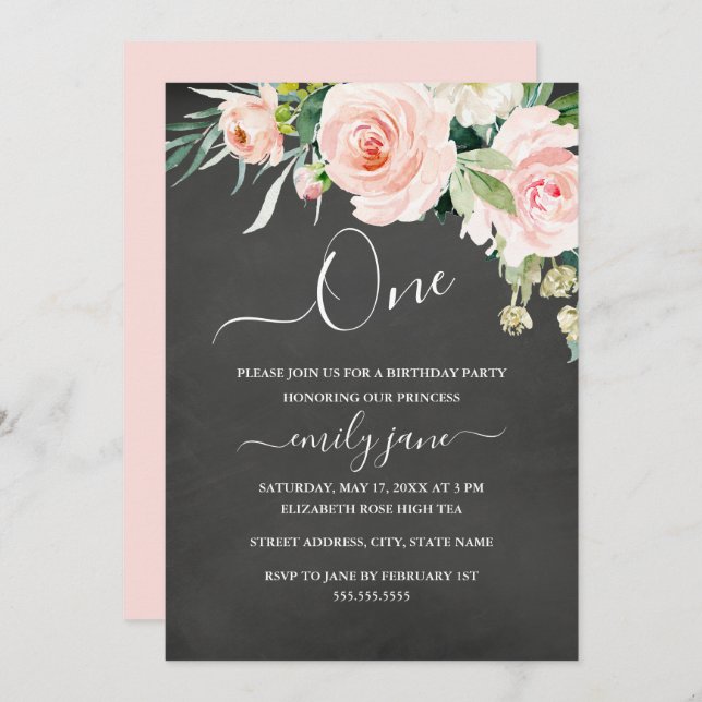 Pink Floral Chalkboard First 1st Birthday Party Invitation (Front/Back)