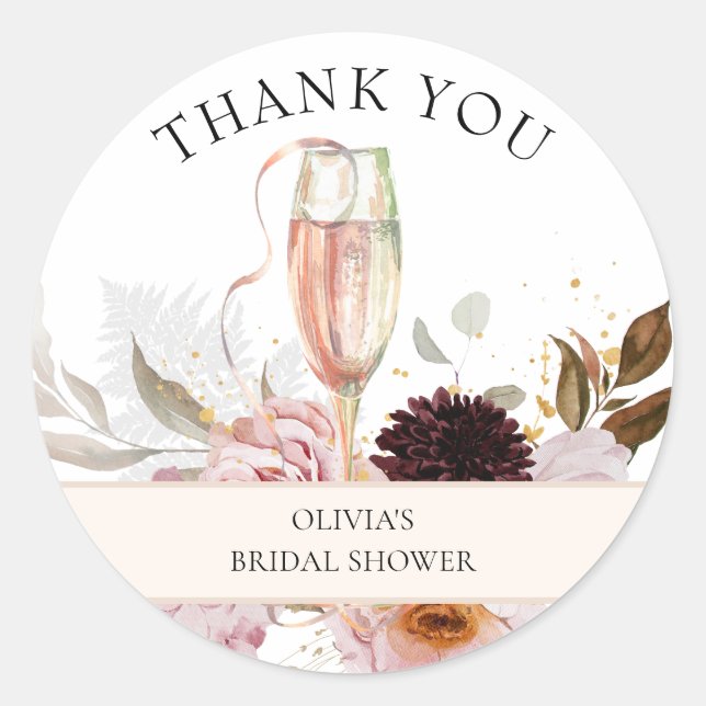 Pink Floral Champagne Bridal Shower Classic Round Sticker (Front)